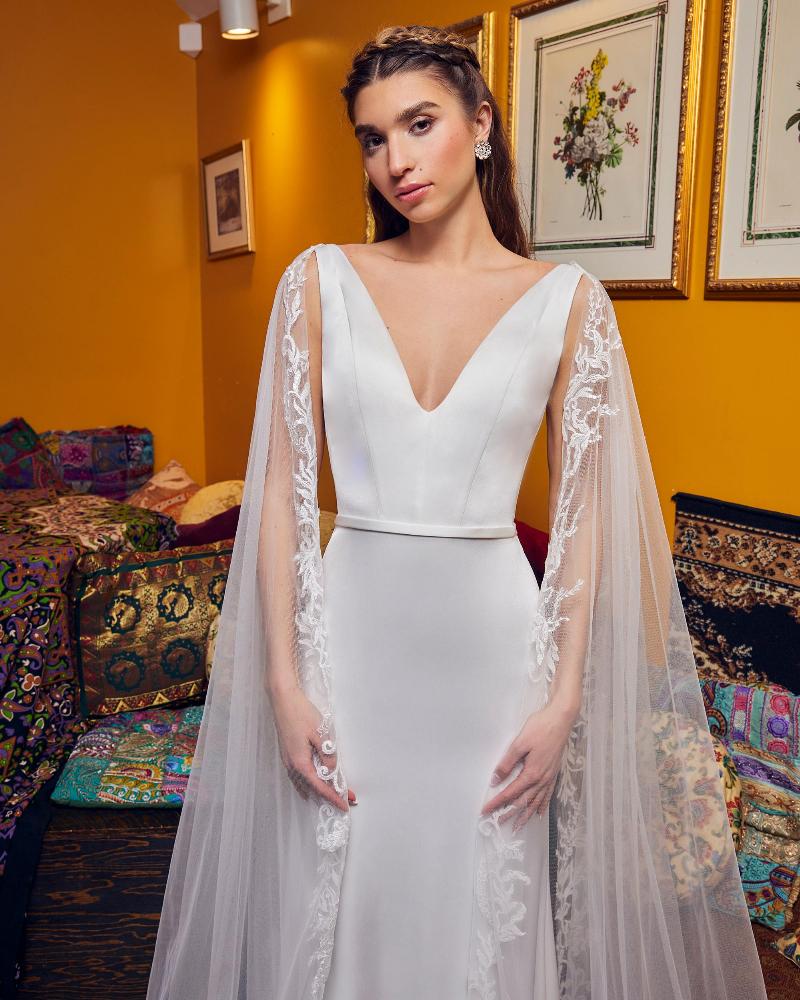 Lp2334 satin sheath wedding dress with cape sleeves and tank straps5